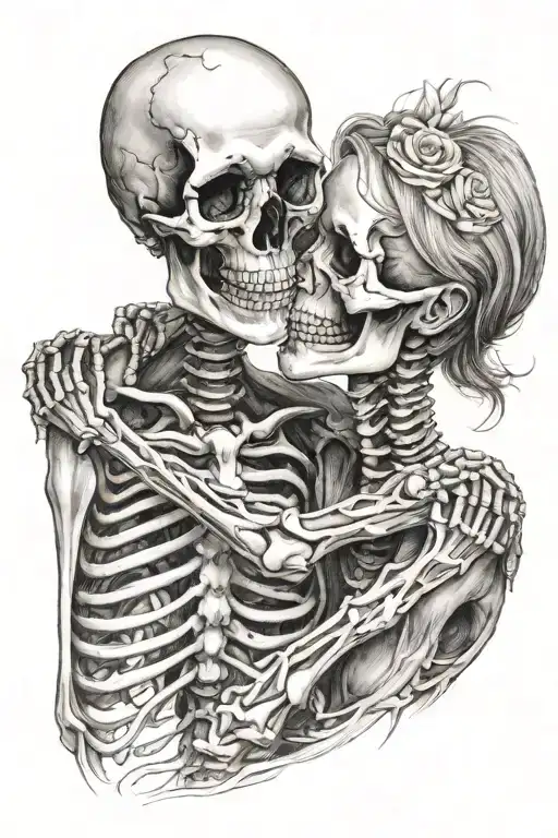 male female skeleton hugging kissing each other tattoo design idea