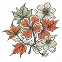 Maple leaf, four leaf clover, lys flower in the background tattoo design idea