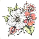 Maple leaf, four leaf clover, lys flower in the background tattoo design idea