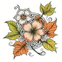 Maple leaf, four leaf clover, lys flower in the background tattoo design idea