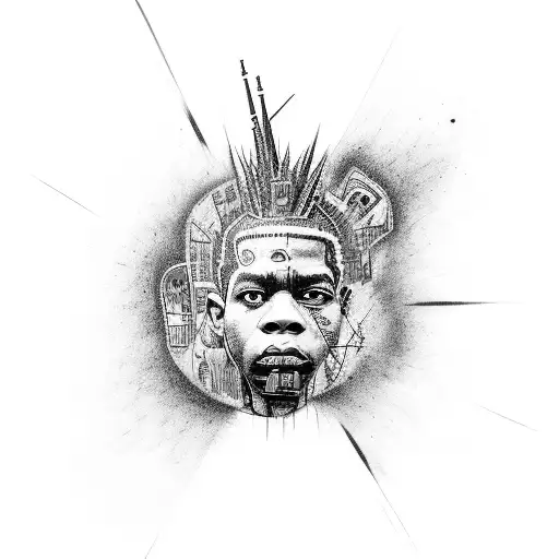 intricate tattoo featuring a dynamic fusion of Basquiat-inspired graffiti forming the backdrop of a vintage movie scene. tattoo design idea