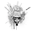 intricate tattoo featuring a dynamic fusion of Basquiat-inspired graffiti forming the backdrop of a vintage movie scene. tattoo design idea