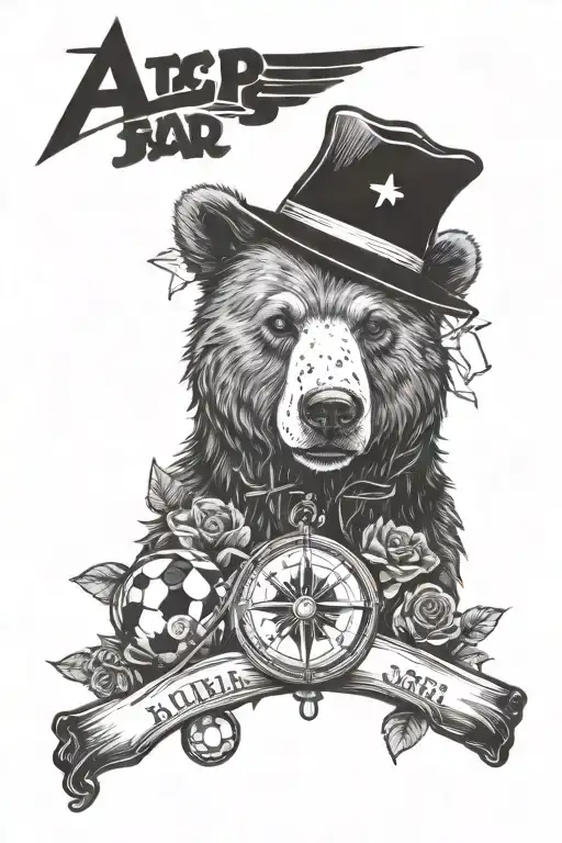 bear head, with a soccer player as its pupil, with a compass and roses around it, and a cross with a bible verse tattoo design idea