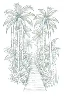 path entry into a rainforest with very high palm trees  tattoo design idea