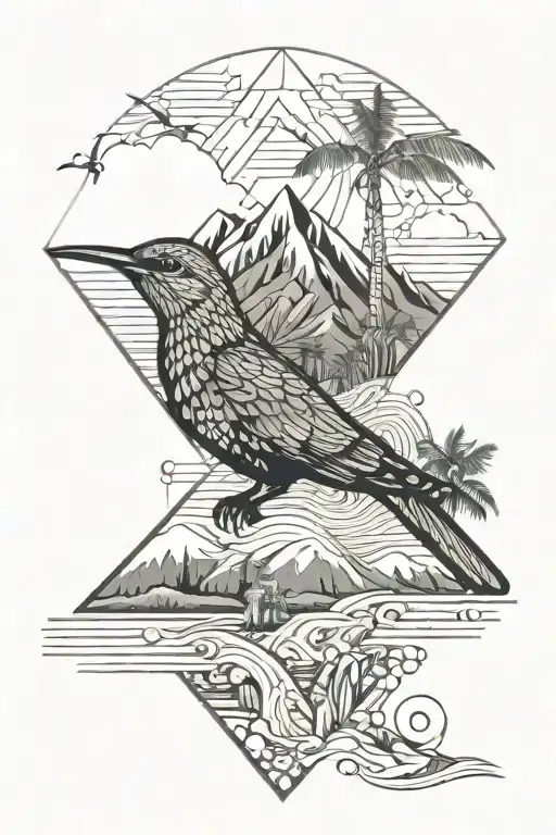 Mountain landscape with river, beach with waves and coconut trees, a humming bird a black dog tattoo design idea