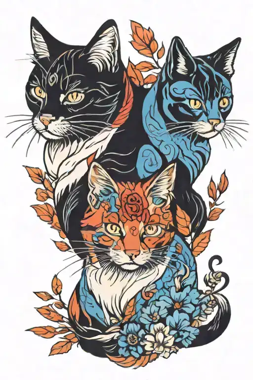 cats, nature, black and blue and red colours tattoo design idea