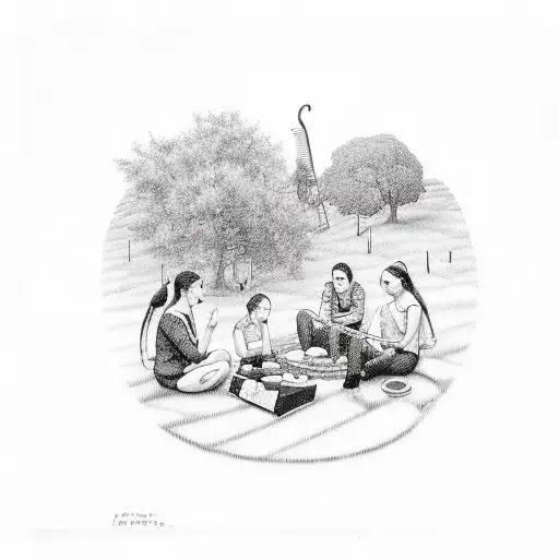 A peaceful scene of a vegetarian picnic with musical instruments as the centerpiece tattoo design idea