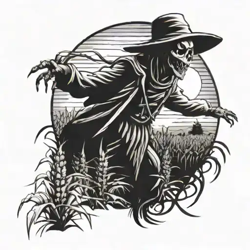 haunted cornfield, with ufo abducting, scarecrow in the background tattoo design idea