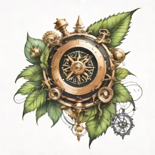futuristic steampunk compass with forest scene tattoo design idea