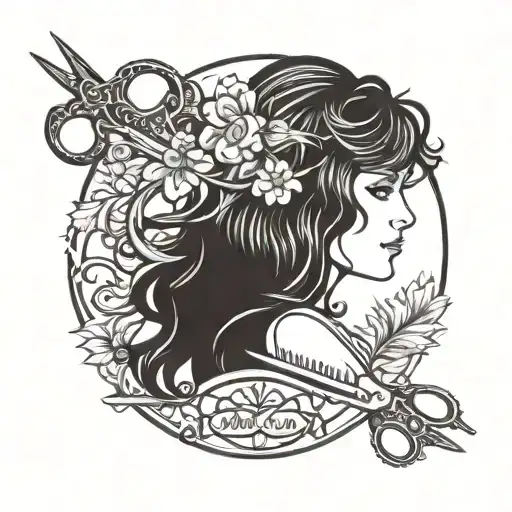 hair, hairstyle, scissors, comb, hair dyer, Alfons Mucha style tattoo design idea
