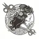hair, hairstyle, scissors, comb, hair dyer, Alfons Mucha style tattoo design idea