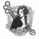 hair, hairstyle, scissors, comb, hair dyer, Alfons Mucha style tattoo design idea