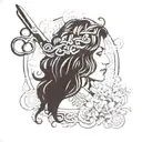 hair, hairstyle, scissors, comb, hair dyer, Alfons Mucha style tattoo design idea