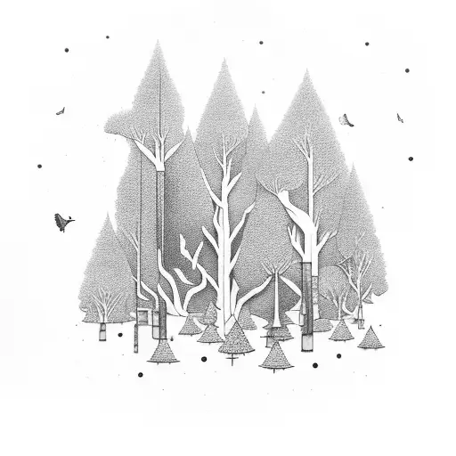 A moonlit forest with trees shaped like musical instruments tattoo design idea