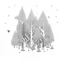 A moonlit forest with trees shaped like musical instruments tattoo design idea