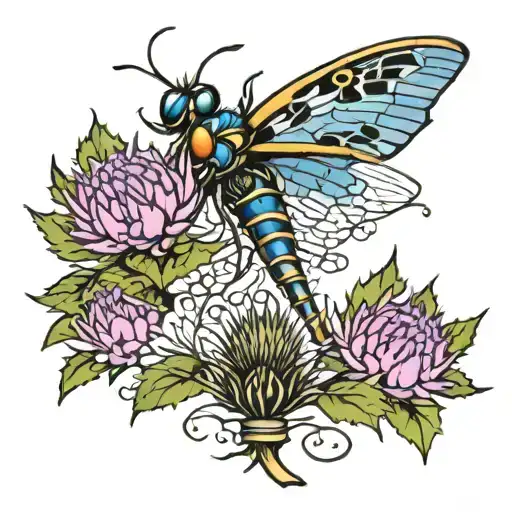 thistle, bricks, dragonfly tattoo design idea