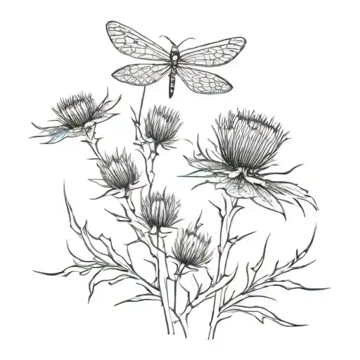thistle, bricks, dragonfly tattoo design idea