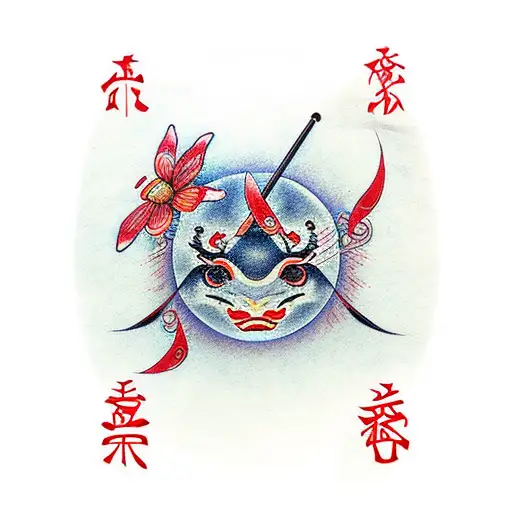 red moon, butterfly, katana, red spider lily flower tattoo design idea