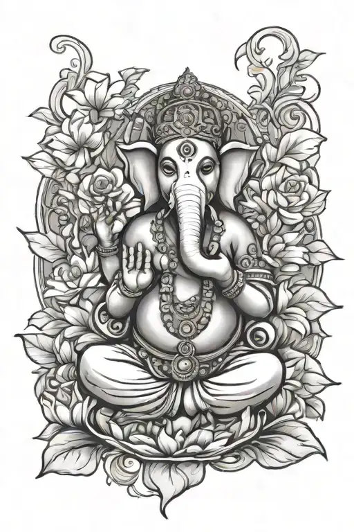ganesha sitting in lotus pose surrounded by flowers and vines tattoo design idea