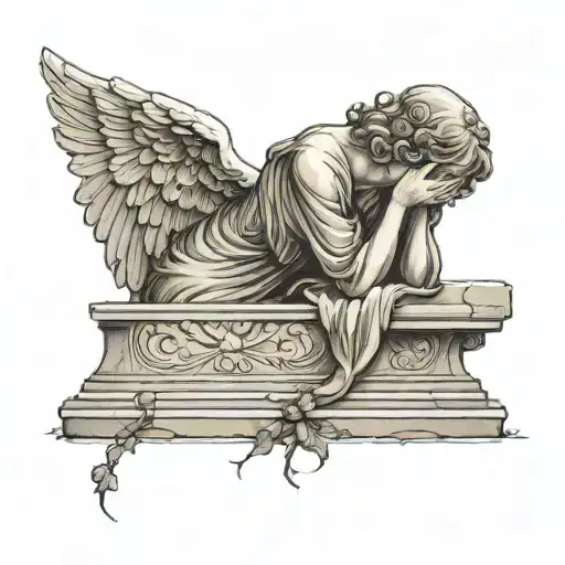 weeping sad realistic stone angel laying over a grave tattoo design idea