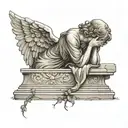 weeping sad realistic stone angel laying over a grave tattoo design idea