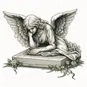 weeping sad realistic stone angel laying over a grave tattoo design idea