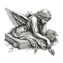weeping sad realistic stone angel laying over a grave tattoo design idea