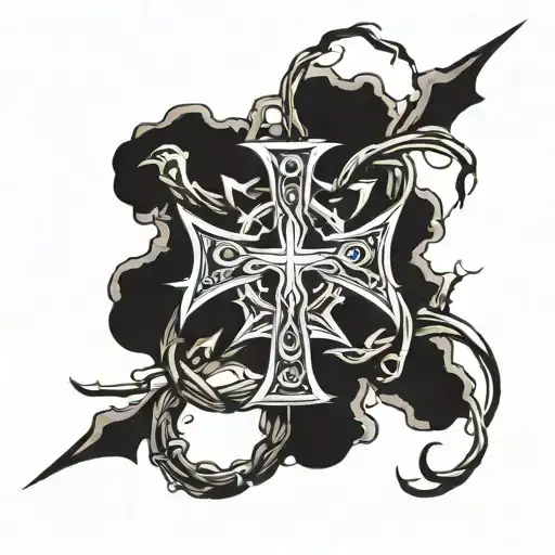 greek cross with crown of thorns round it tattoo design idea