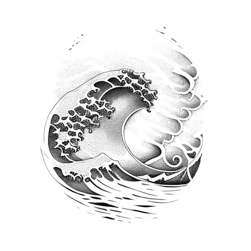 A majestic wave crashing on a surfboard surrounded by octopuses tattoo design idea