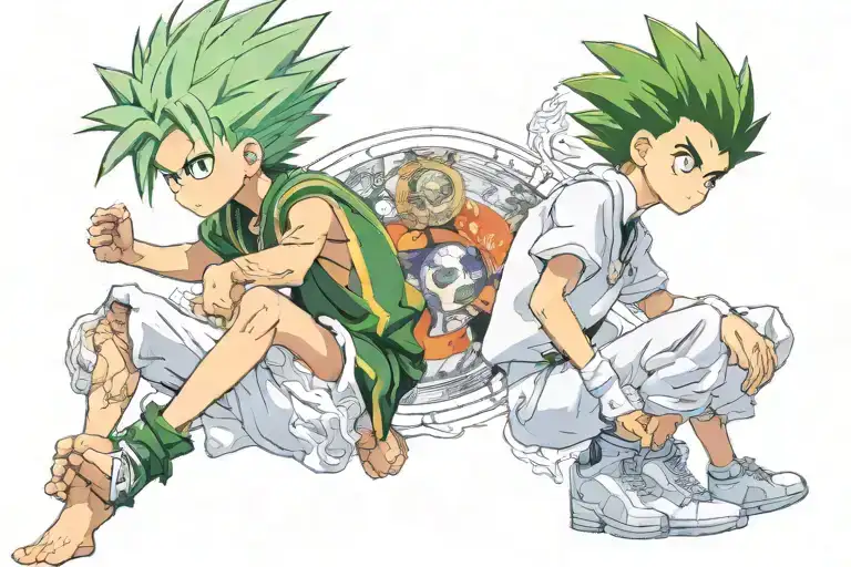 Gon Freecss and Killua Zaoldyeck, two prominent HunterXHunter characters, stand back to back, tattoo design idea