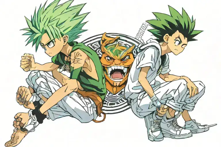 Gon Freecss and Killua Zaoldyeck, two prominent HunterXHunter characters, stand back to back, tattoo design idea