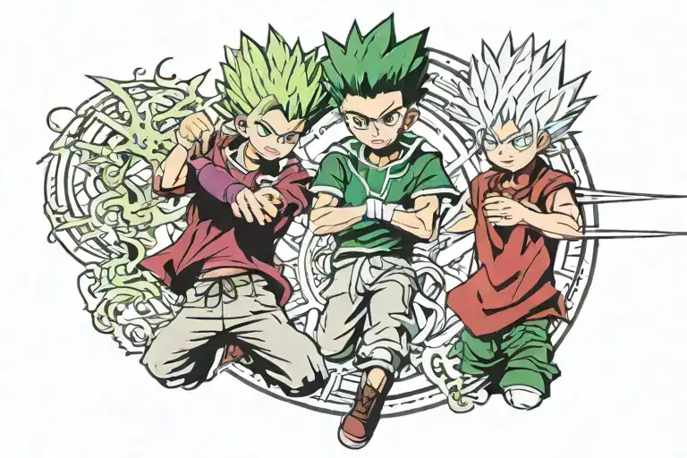 Gon Freecss and Killua Zaoldyeck, two prominent HunterXHunter characters, stand back to back, surrounded by an aura of f tattoo design idea