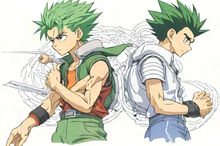 Gon Freecss and Killua Zaoldyeck, two prominent HunterXHunter characters, stand back to back, tattoo design idea