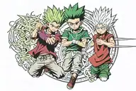 Gon Freecss and Killua Zaoldyeck, two prominent HunterXHunter characters, stand back to back, surrounded by an aura of f tattoo design idea