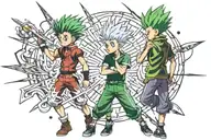 Gon Freecss and Killua Zaoldyeck, two prominent HunterXHunter characters, stand back to back, surrounded by an aura of f tattoo design idea