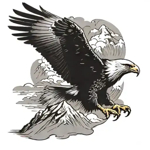 A black and grey tattoo of a majestic eagle soaring above a mountain range, with its wings outstretched in flight tattoo design idea