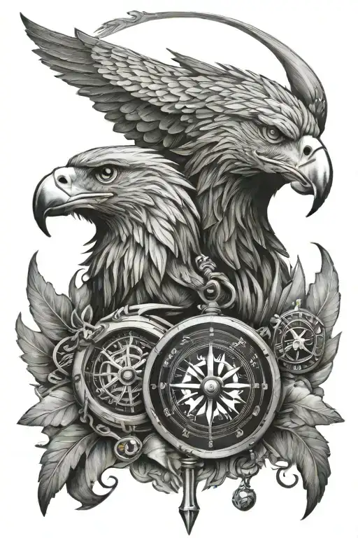 Eagle, Sword, Ship, Compass, Horse and Lion face tattoo design idea