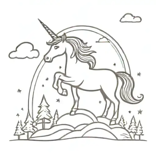 A playful unicorn leaping over a rainbow in a whimsical forest setting tattoo design idea
