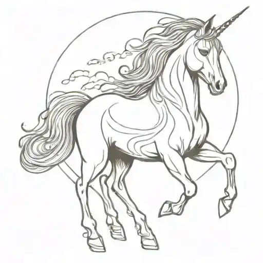 Draw a serene unicorn with a radiant horn and flowing mane, standing in a mystical landscape tattoo design idea