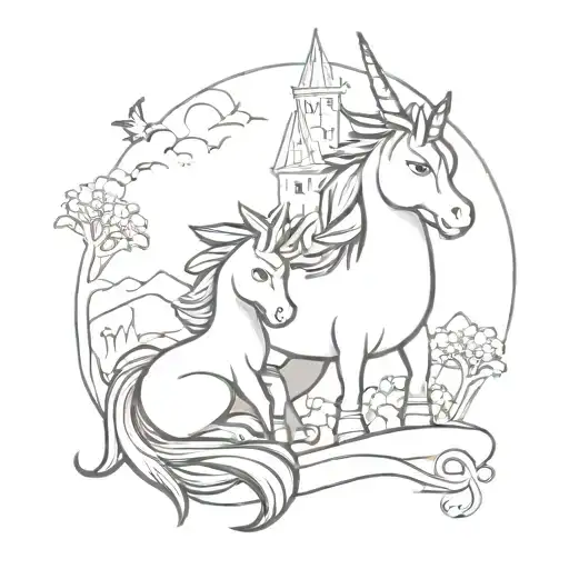 A cute unicorn cuddling with a baby dragon in a fairytale castle tattoo design idea