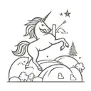 A playful unicorn leaping over a rainbow in a whimsical forest setting tattoo design idea