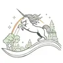 A playful unicorn leaping over a rainbow in a whimsical forest setting tattoo design idea