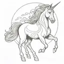 Draw a serene unicorn with a radiant horn and flowing mane, standing in a mystical landscape tattoo design idea