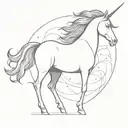 Draw a serene unicorn with a radiant horn and flowing mane, standing in a mystical landscape tattoo design idea