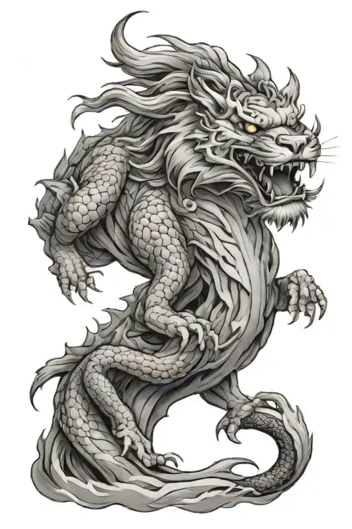 tiger dragon mountain river surrounded tattoo design idea