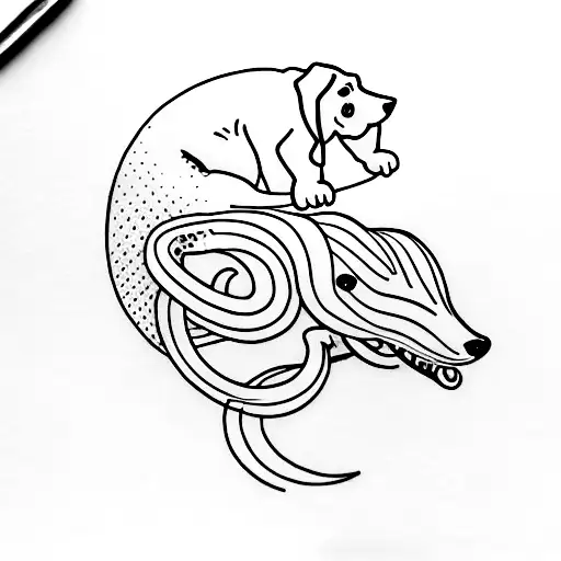 Dachshund trying to eat it's tail like an ouroboros tattoo design idea
