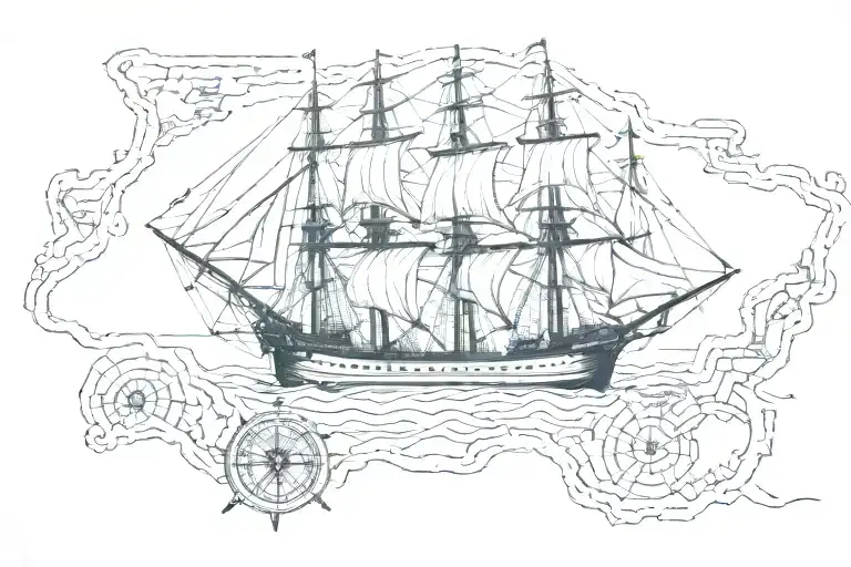USS Constitution intertwined in a ripped map with compass in corner. Stippling style tattoo design idea
