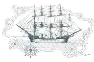 USS Constitution intertwined in a ripped map with compass in corner. Stippling style tattoo design idea