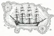 USS Constitution intertwined in a ripped map with compass in corner. Stippling style tattoo design idea