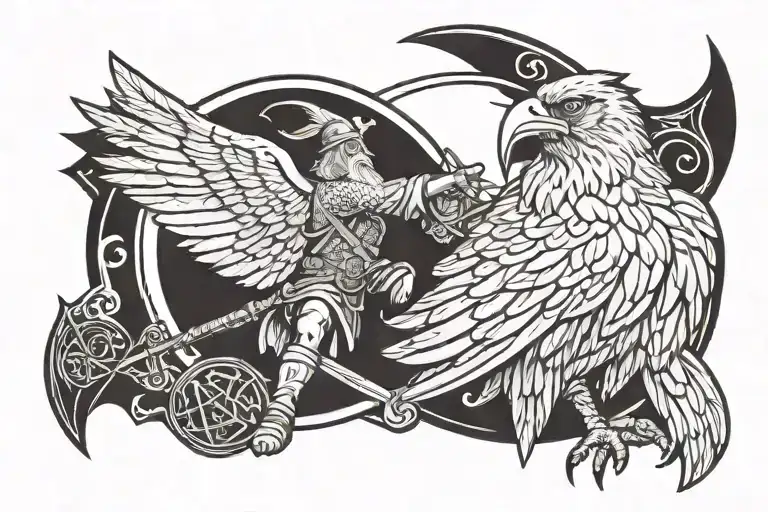 God Odin holds a axe in his hands. The Raven sits on the shoulder. On the back of the Runa. tattoo design idea